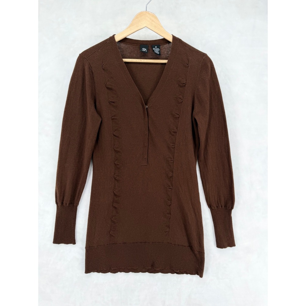 Saks Fifth Avenue Women Cashmere Blend Sweater Tunic Brown M Long Sleeve V Neck